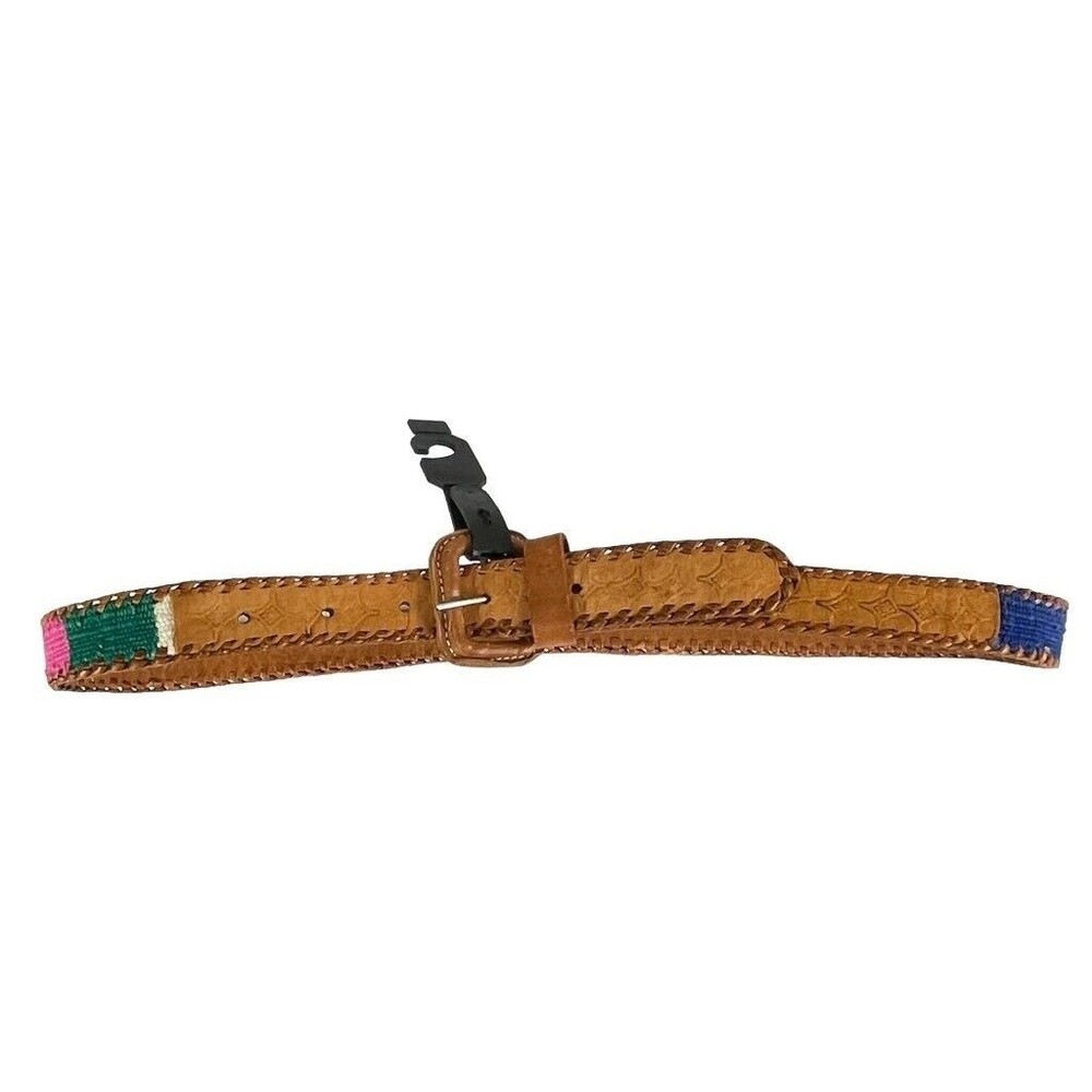 Tooled Leather & Elastic Woven Women's Belt Rainbow Color Fits Medium~Large - Picture 8 of 12